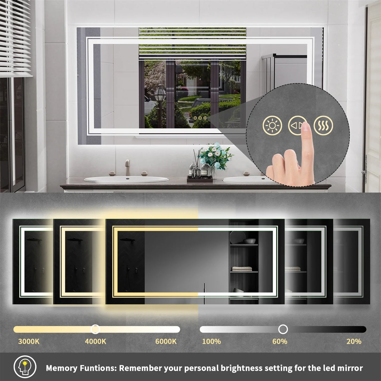 Backlit LED Bathroom Mirror Dual Lights Anti Fog Touch Dimmable