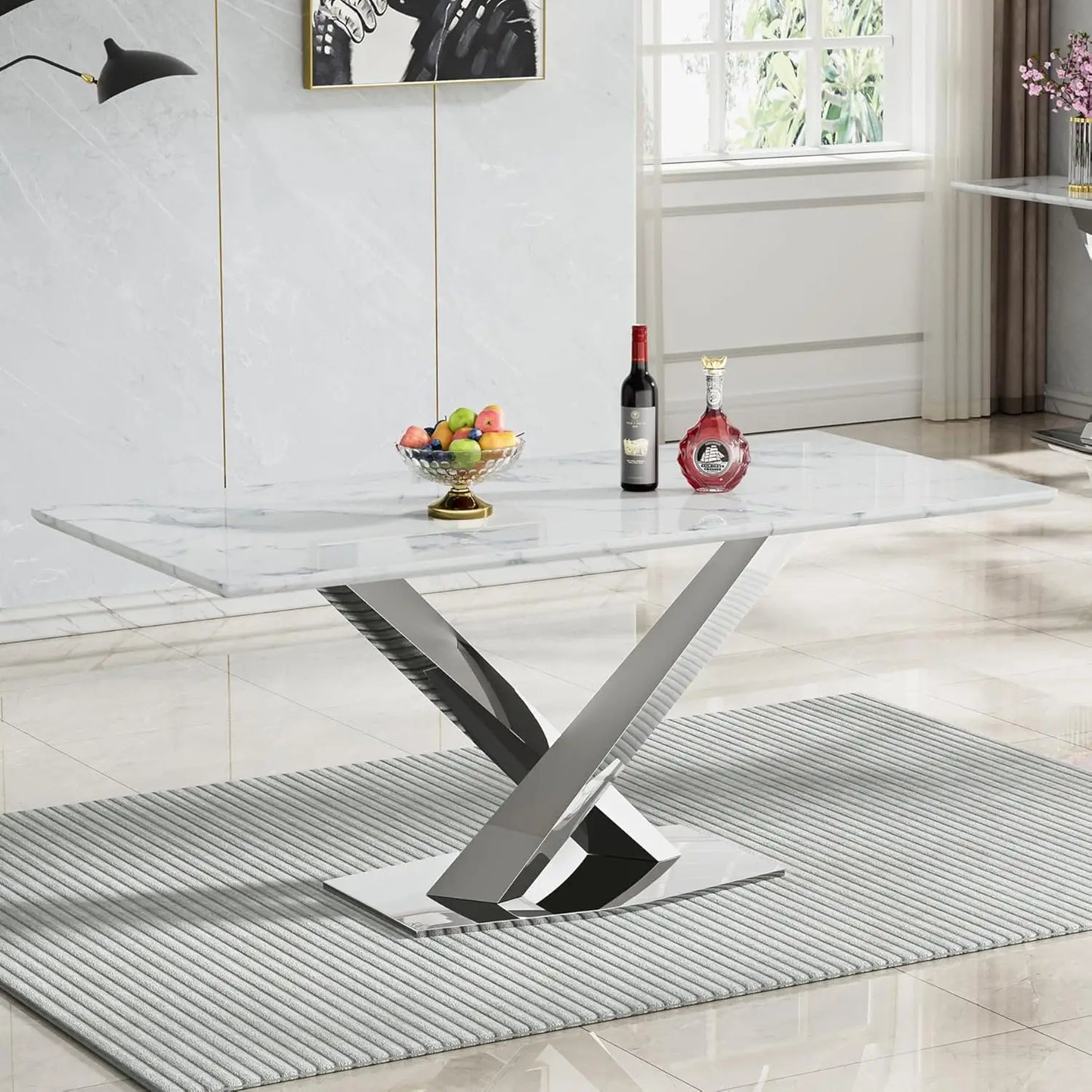 Marble Dining Table With Stainless Steel X Base For GourmetDiningRoomShowcaseExcellence
