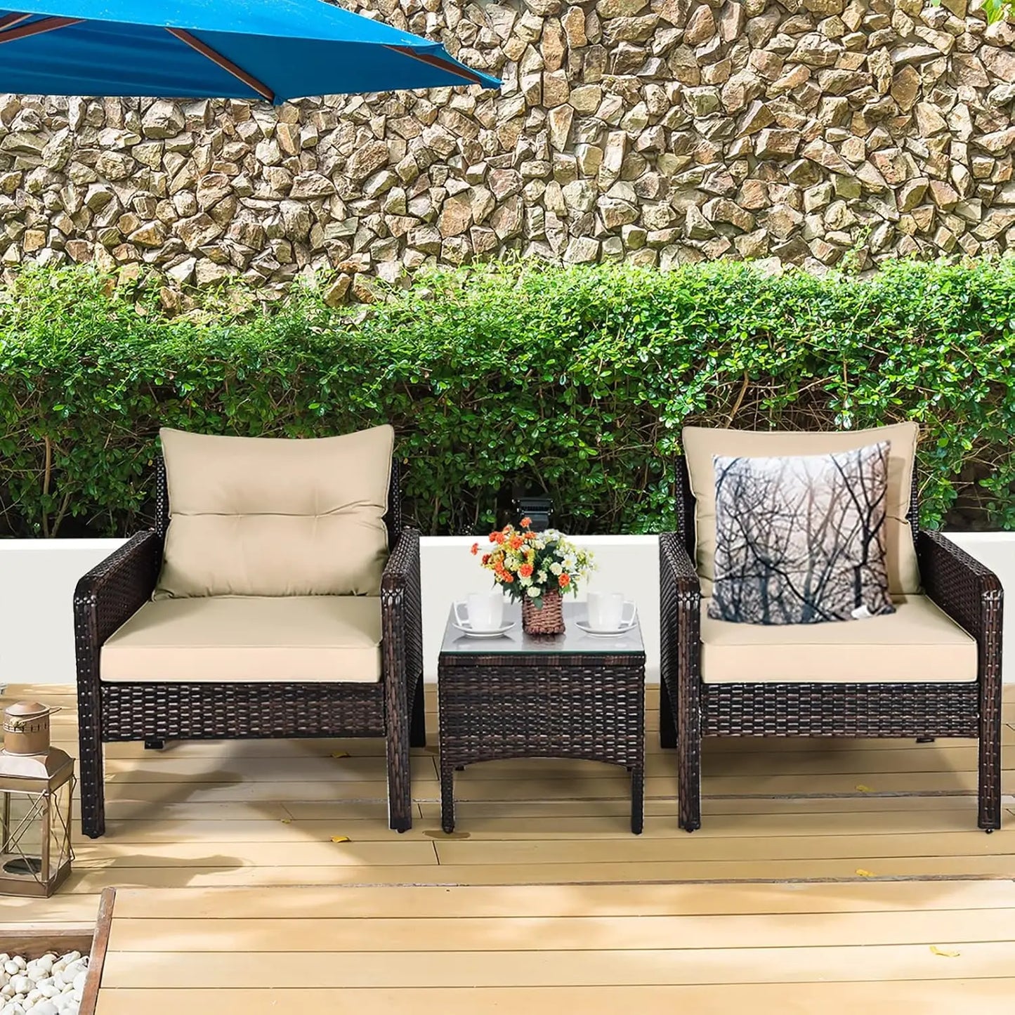 Outdoor Wicker Patio Set Three Piece Conversation Bistro With Cushions