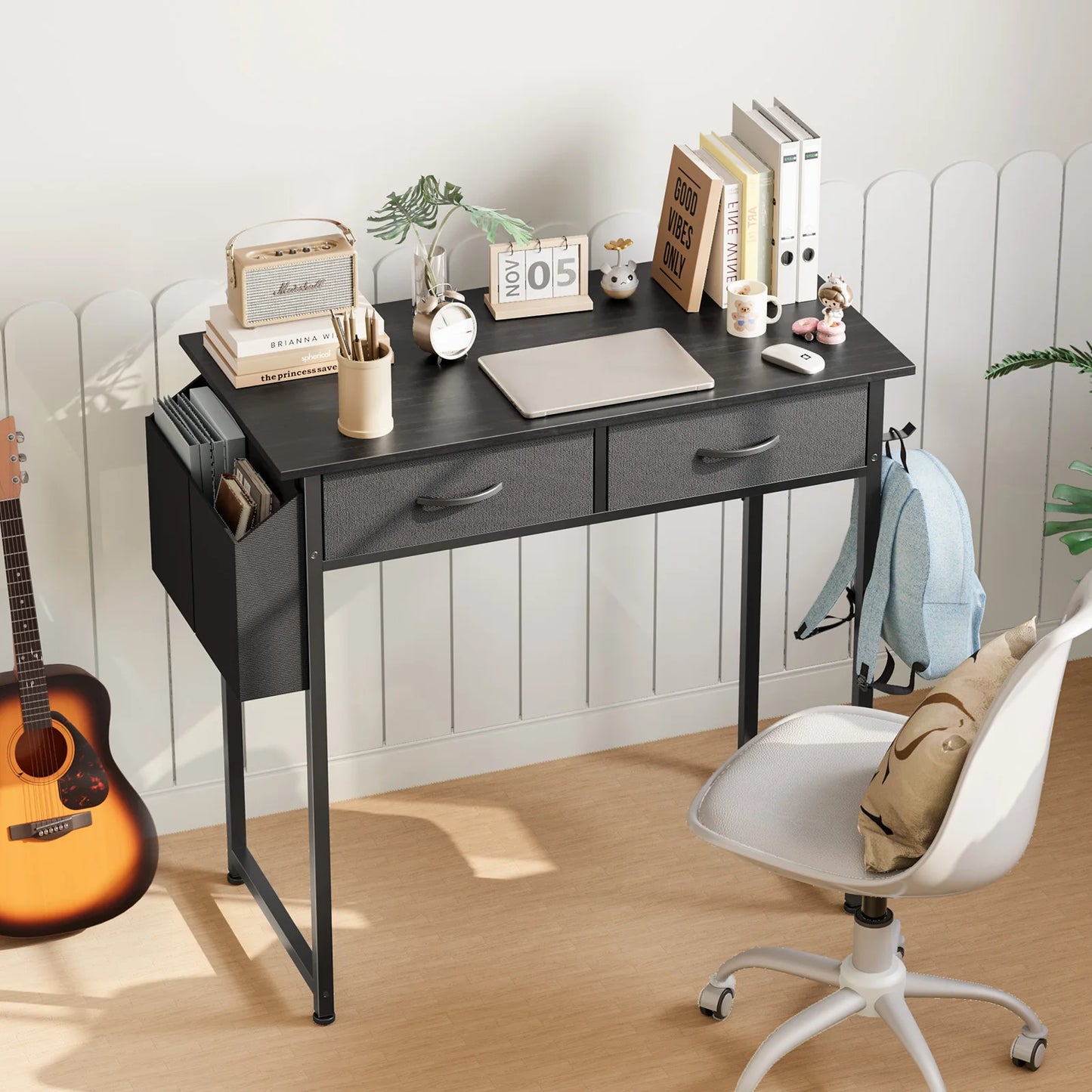 JHK Modern Office Desk With Metal Frame And Fabric Drawers