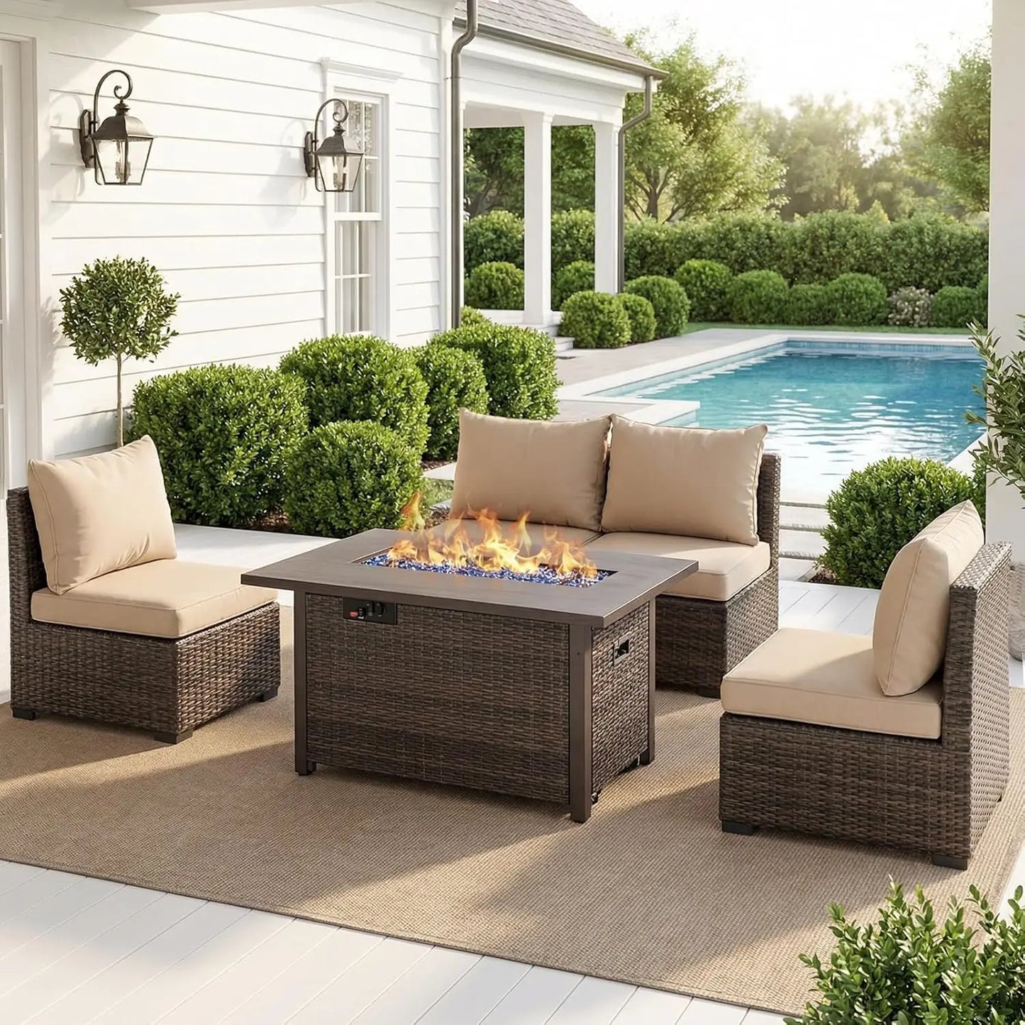 XIAOLANG Patio Furniture Set With Fire Pit Table Outdoor Rattan