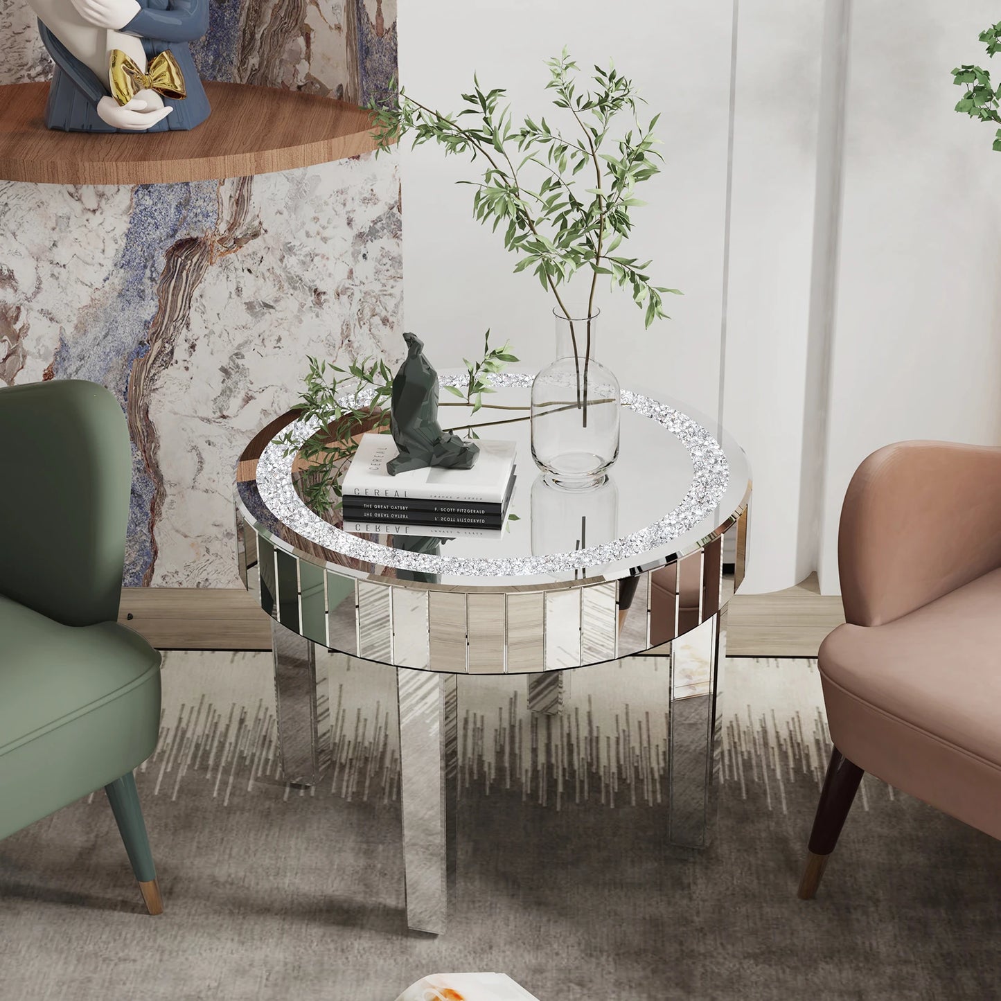 LUVODI Luxurious Contemporary Round Mirrored Accent Side Table CrystalQuartz Inlays