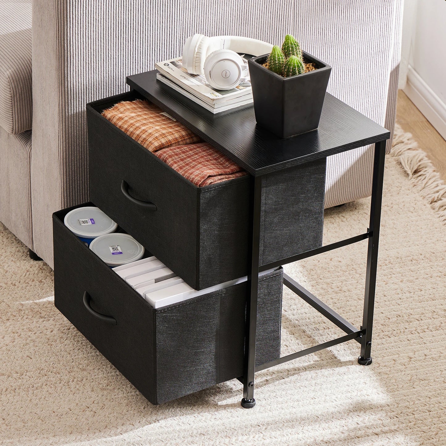 JHK Modern Nightstand With Fabric Drawers for Bedroom Storage Cabinet Furniture Multipurpose