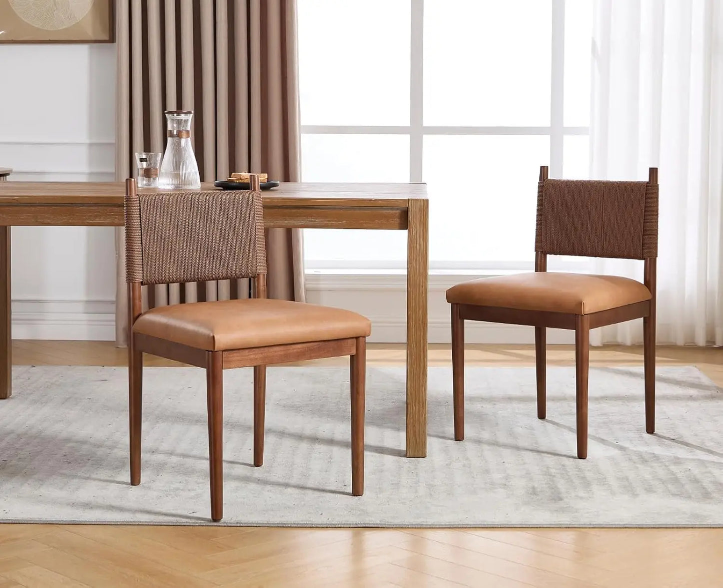 Rattan Dining Chairs Set of 2 With Leather Upholstery and Woven Back
