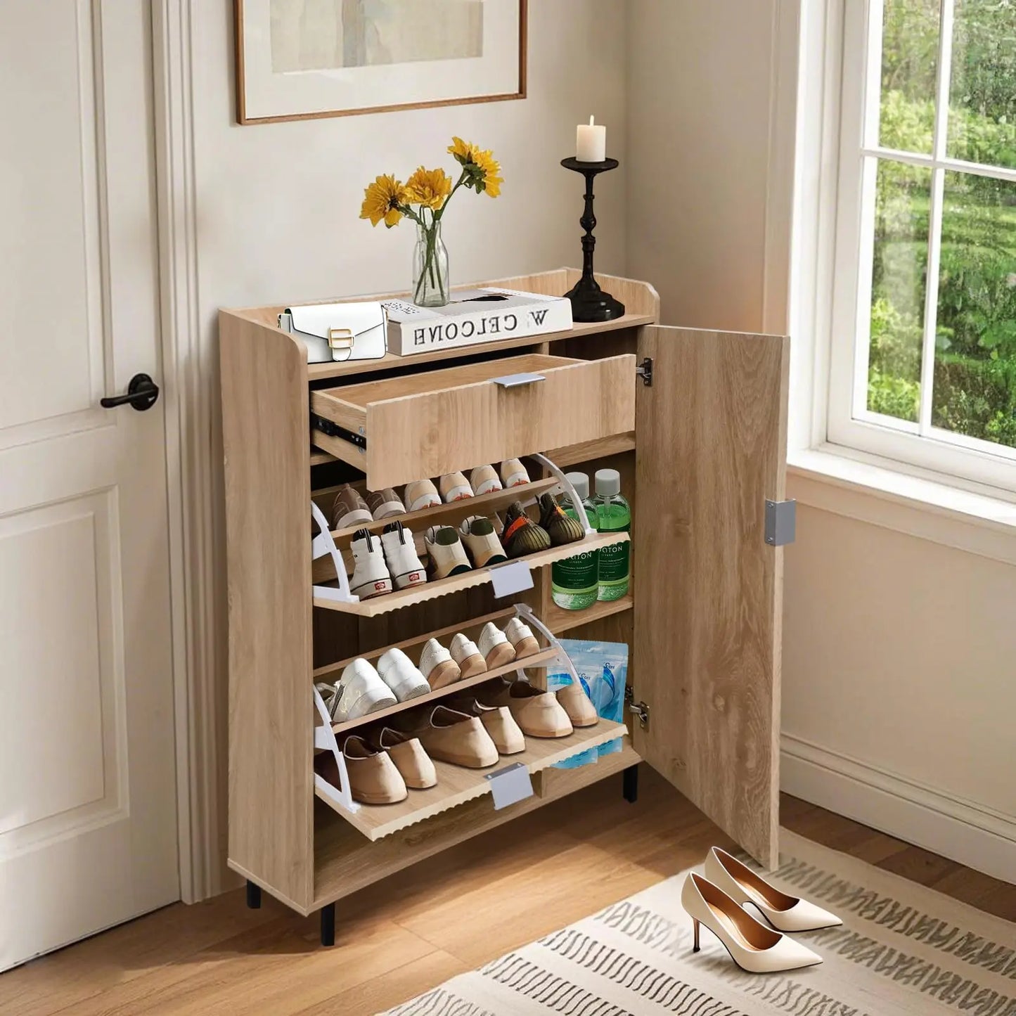 HiMISS Shoe Storage Cabinet With Flip Drawers Freestanding Entryway Organizer