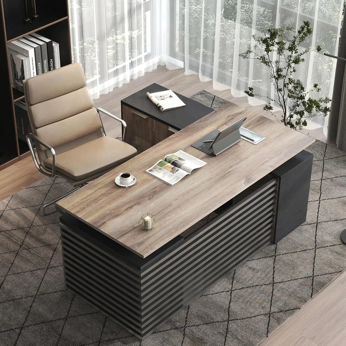 Adjustable Height L Shaped Executive Standing Desk With Drawers USB Ports