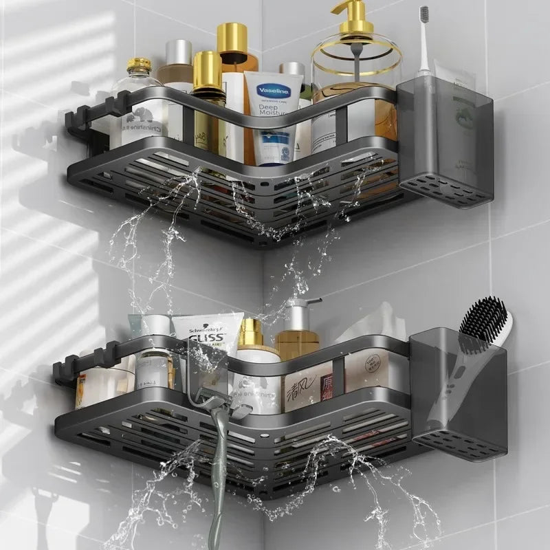 Double Layer Stainless Steel Corner Shelf No Drilling Wall Mount