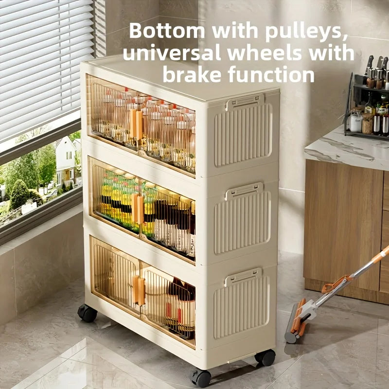 Three To Five Tier Foldable Cabinet With Lidded Storage On Wheels Stackable