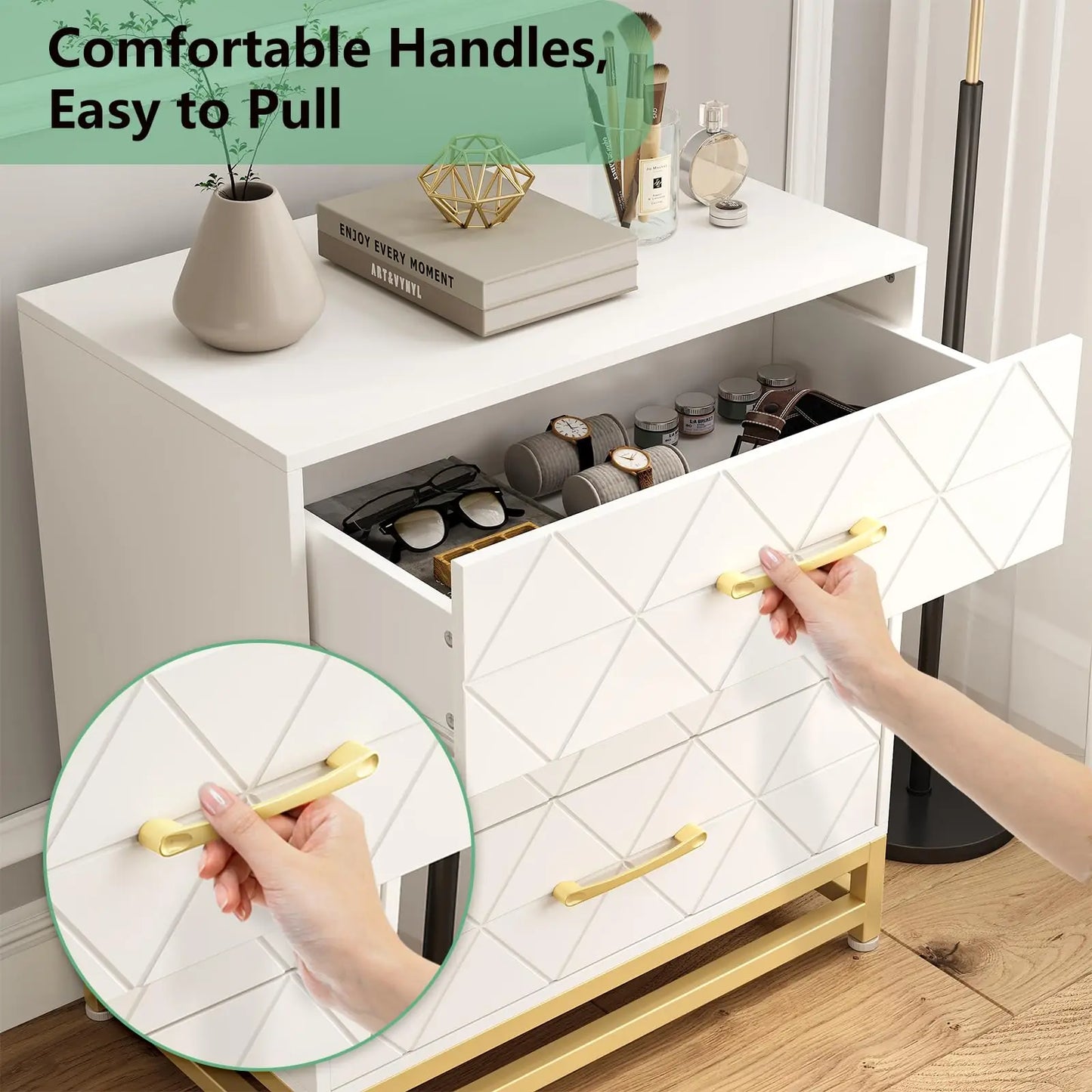 Studyset Three Drawer Dresser Chest of Drawers with Metal Handles