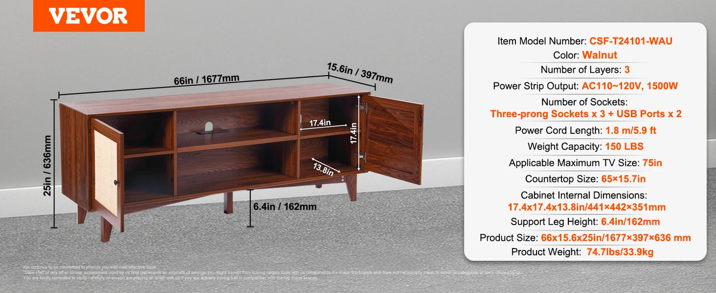 SucceBuy Rattan TV Stand With Built-In USB Ports and Shelves