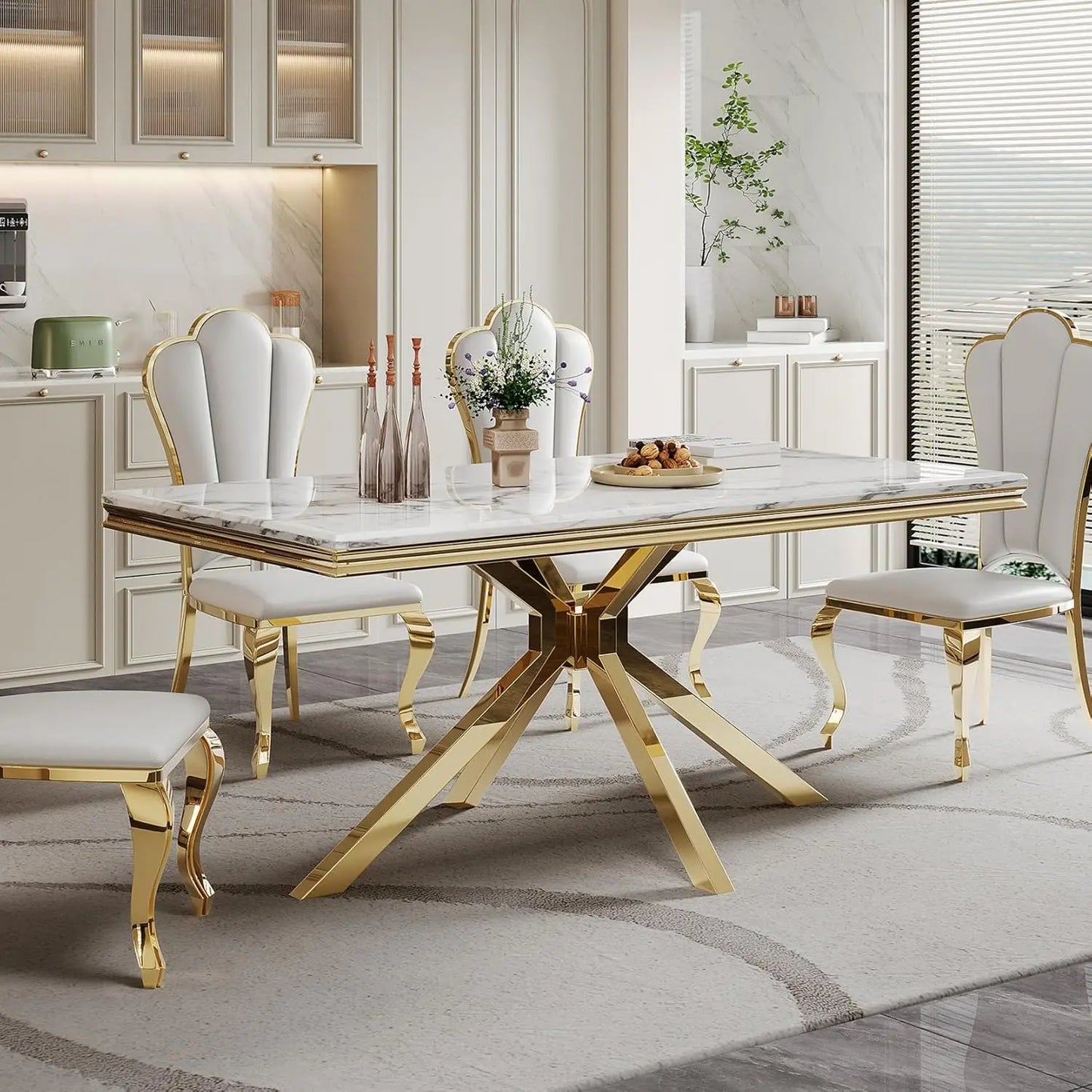 Marble Dining Table With Stainless Steel X Base For GourmetDiningRoomShowcaseExcellence