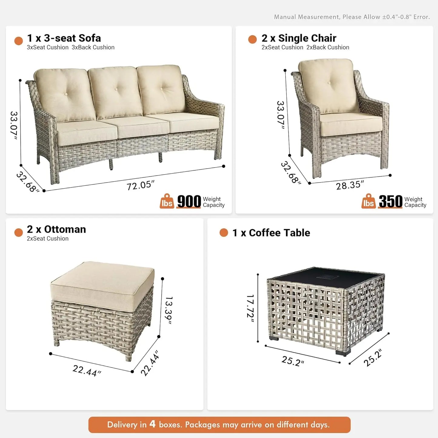 6 Piece All Weather Patio Outdoor Furniture Set Wicker Rattan Sofa Ottoman