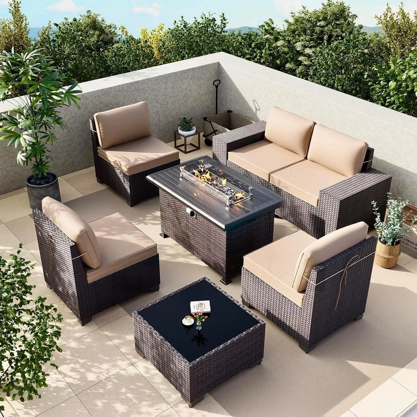 XIAOLANG 7 Piece Patio Furniture Set With Fire Pit Table