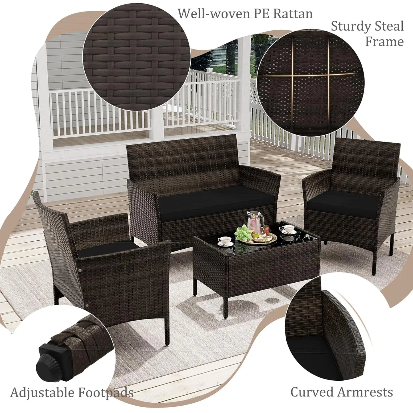 Outdoor Rattan Patio Furniture Set 4 Piece Wicker Conversation Set