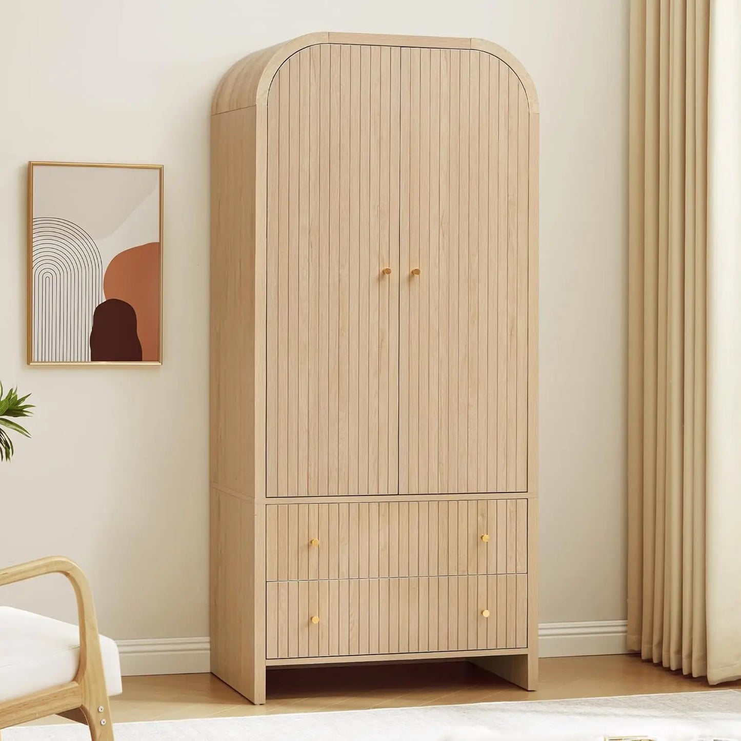 Arched Armoire Wardrobe Modern Two Door With Hanging Rod Drawers