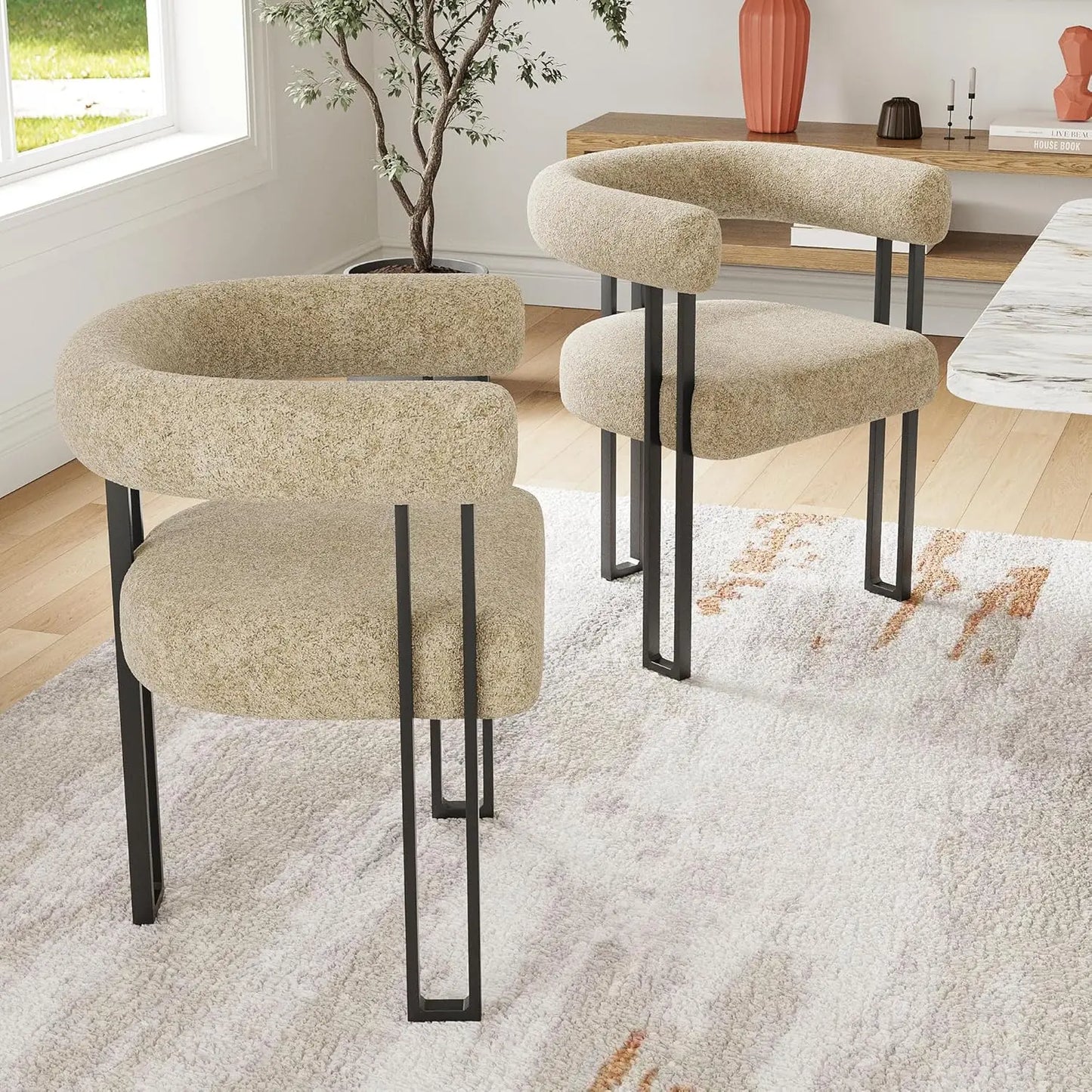 FARINI Set of 2 Upholstered Dining Arm Chairs Bouclé Fabric