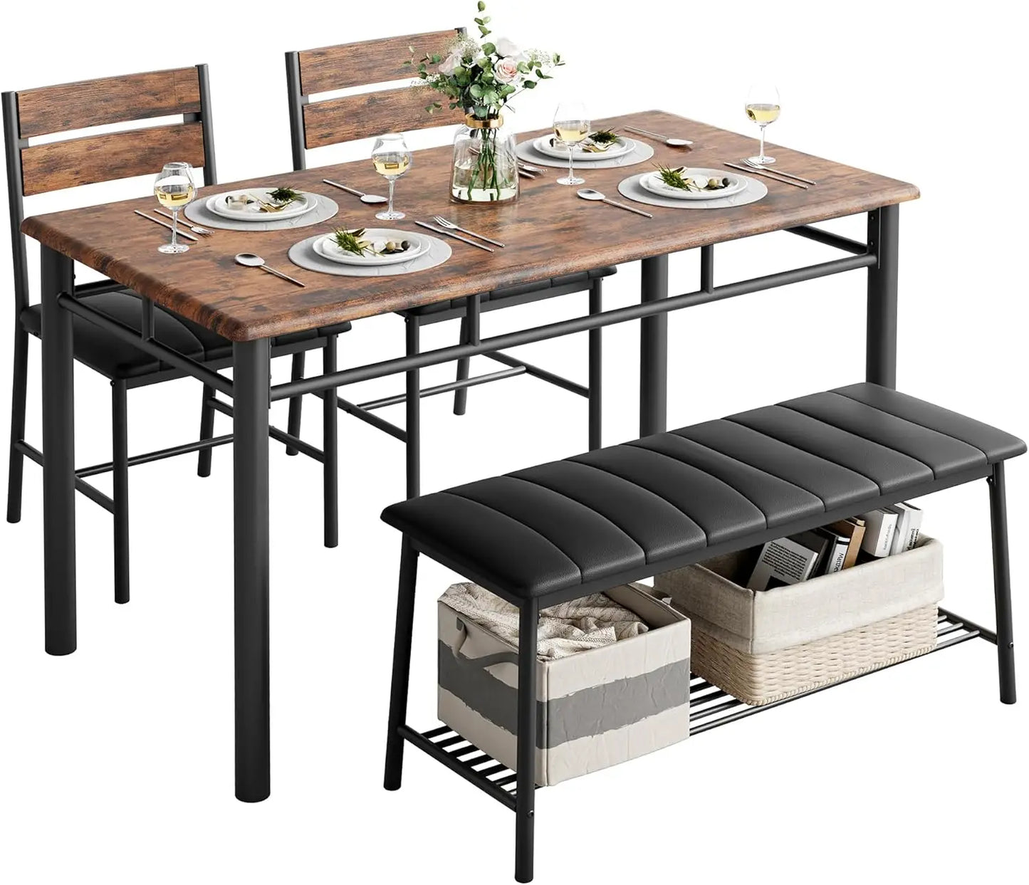 IRONCK Dining Table Set For Small Space With Upholstered Bench And 2 Chairs