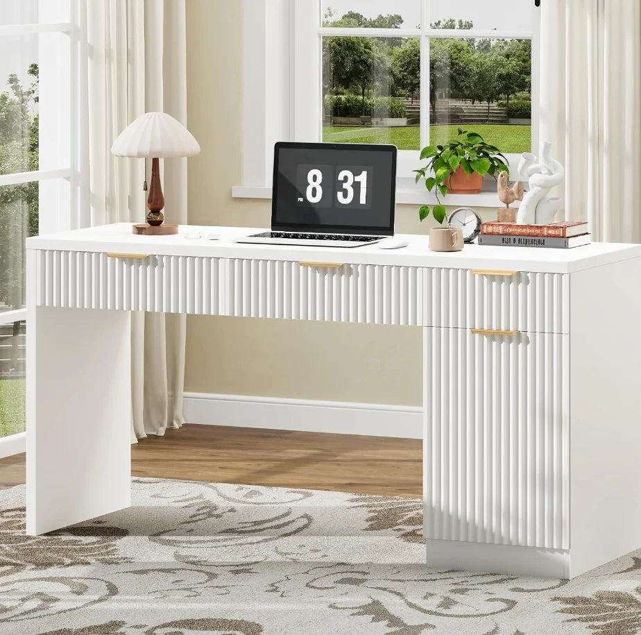None Wood Executive Desk With Fluted Drawers And Charging Station