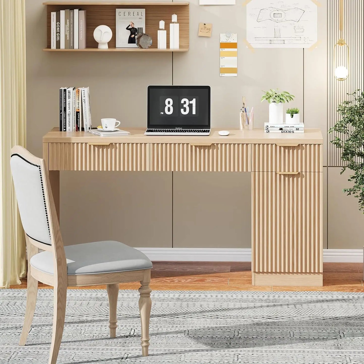 None Wood Executive Desk With Fluted Drawers And Charging Station