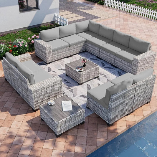 12 Piece Wicker Outdoor Patio Furniture Set With Thick Cushions