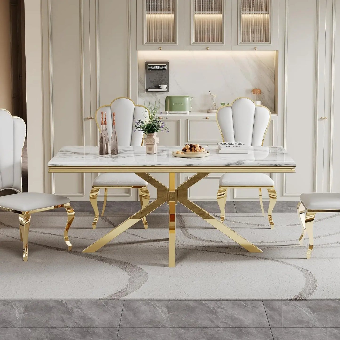 Marble Dining Table With Stainless Steel X Base For GourmetDiningRoomShowcaseExcellence