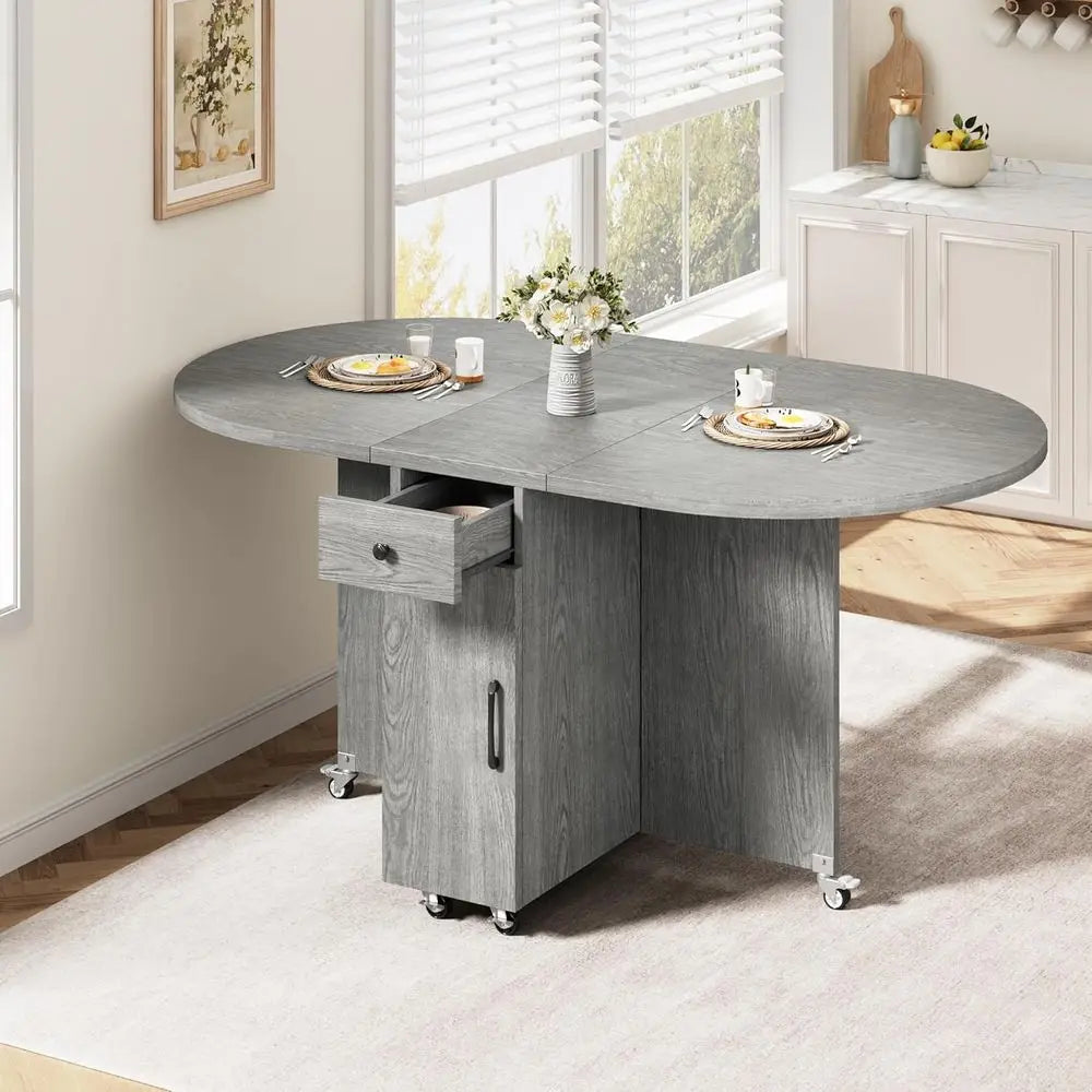 Space-Saving Oval Drop Leaf Dining Table With Storage Drawer And 2-Tier Shelf