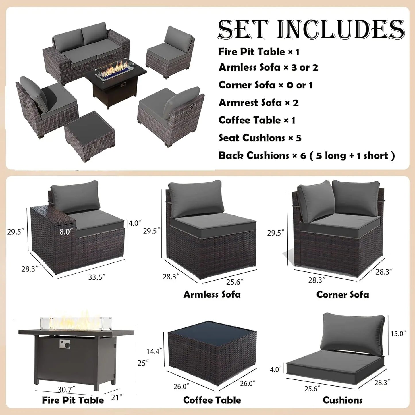 XIAOLANG 7 Piece Patio Furniture Set With Fire Pit Table