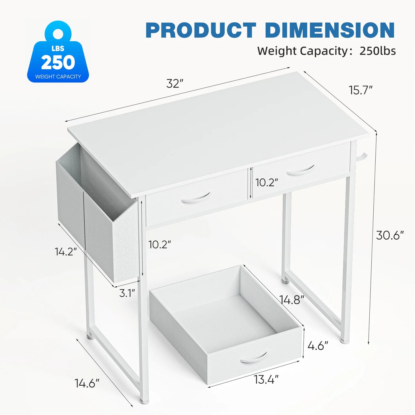 JHK Modern Office Desk With Metal Frame And Fabric Drawers
