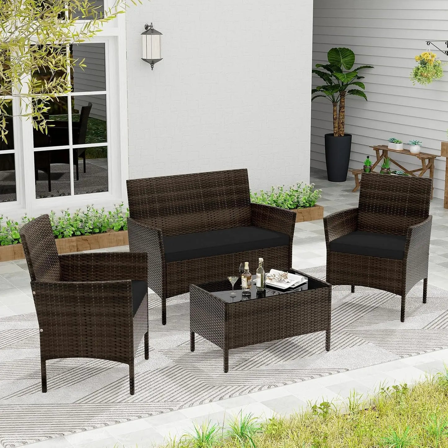 Outdoor Rattan Patio Furniture Set 4 Piece Wicker Conversation Set