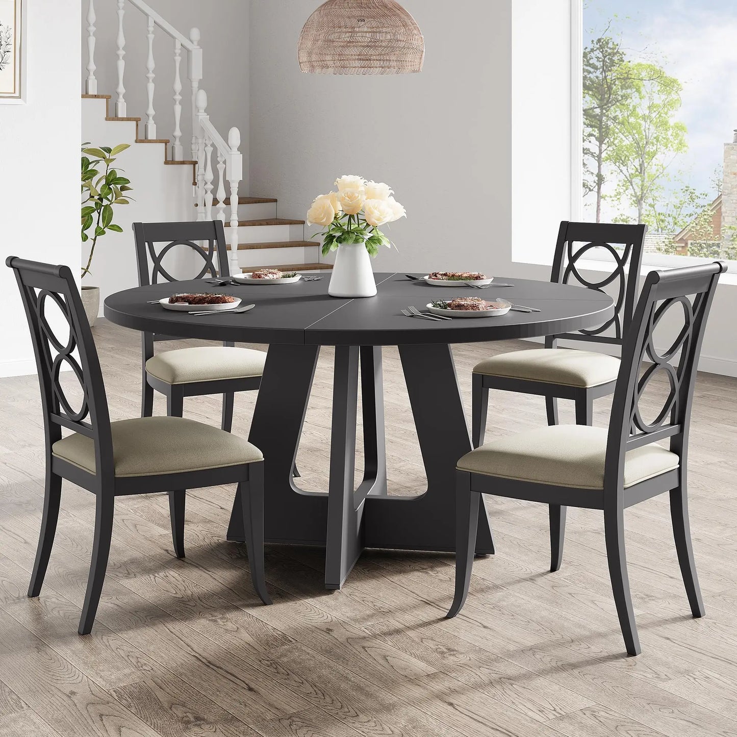 Farmhouse Round Wooden Dining Table For Home Dining Room