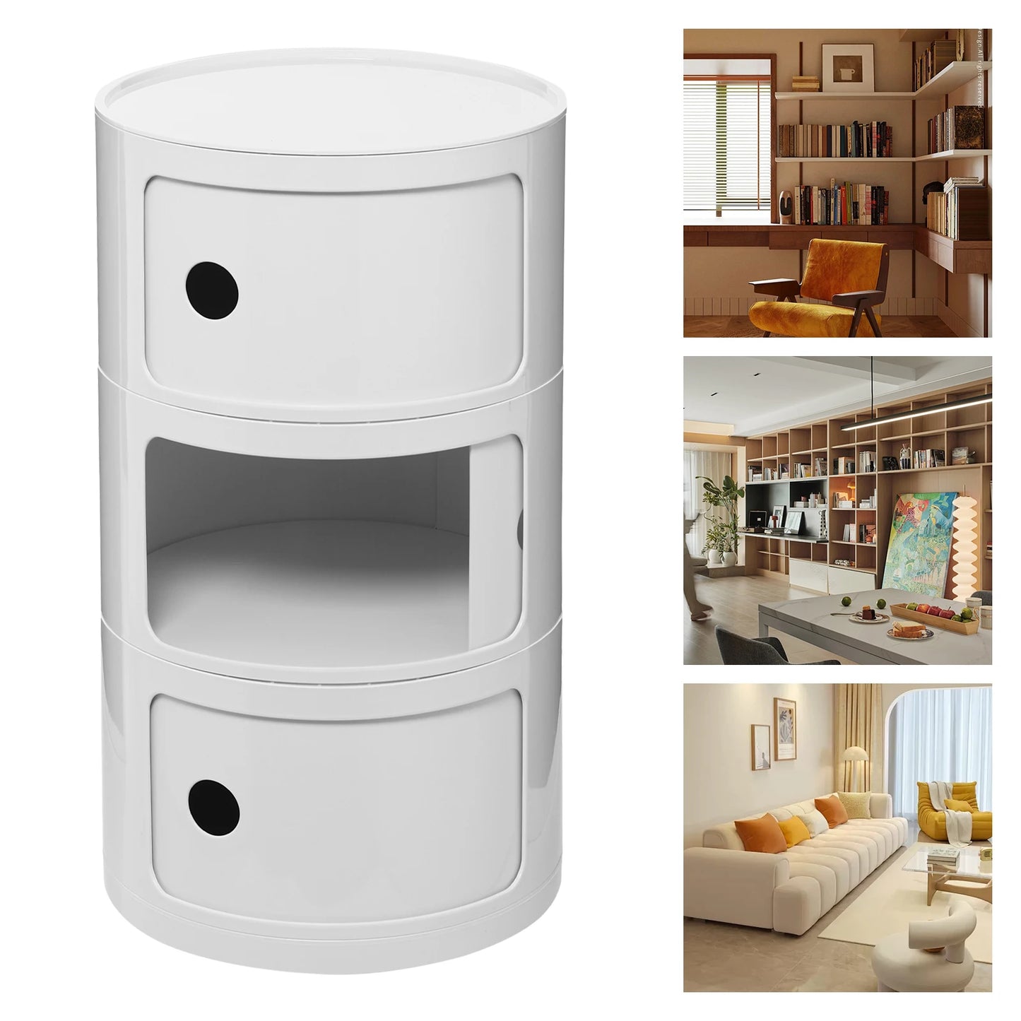 NONECN Round Bedside Cabinet With 3 Drawers Nightstand