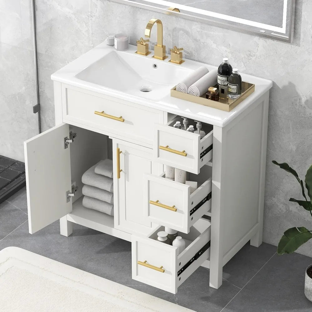 Solid Rubber Wood Bathroom Vanity With Offset Sink And Storage