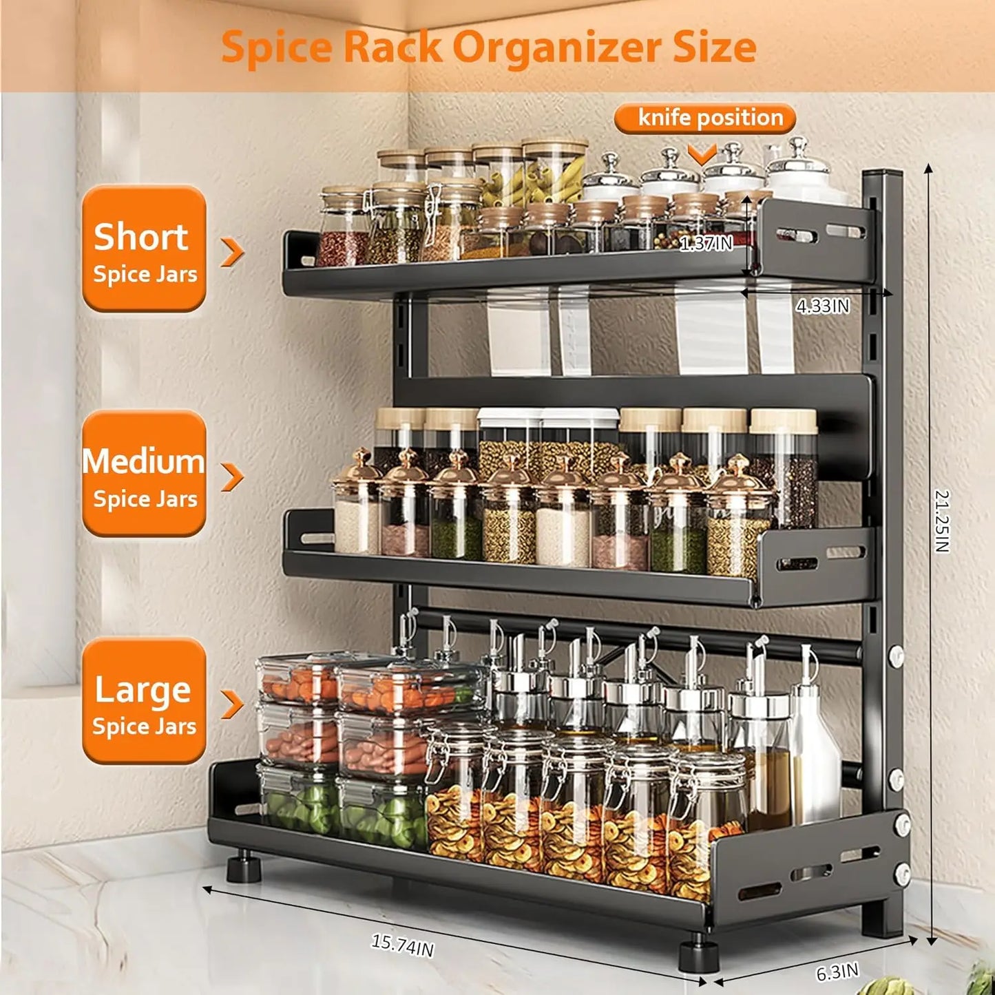 Three Tier Height Adjustable Vertical Spice Rack Rustproof Metal Storage