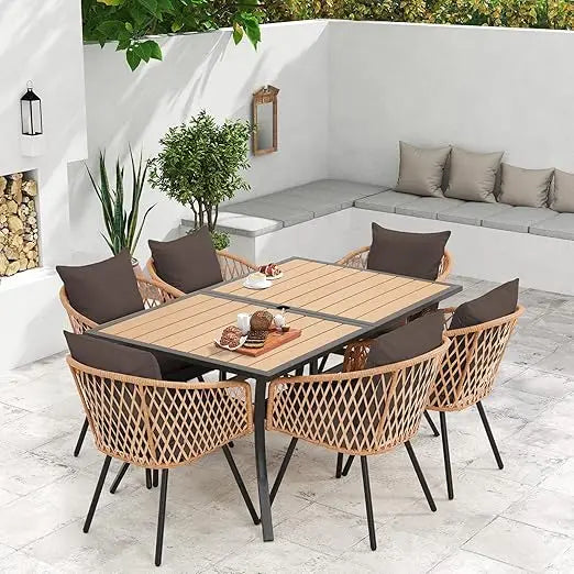All-Weather Rattan Patio Dining Set With Removable Cushions Umbrella Hole