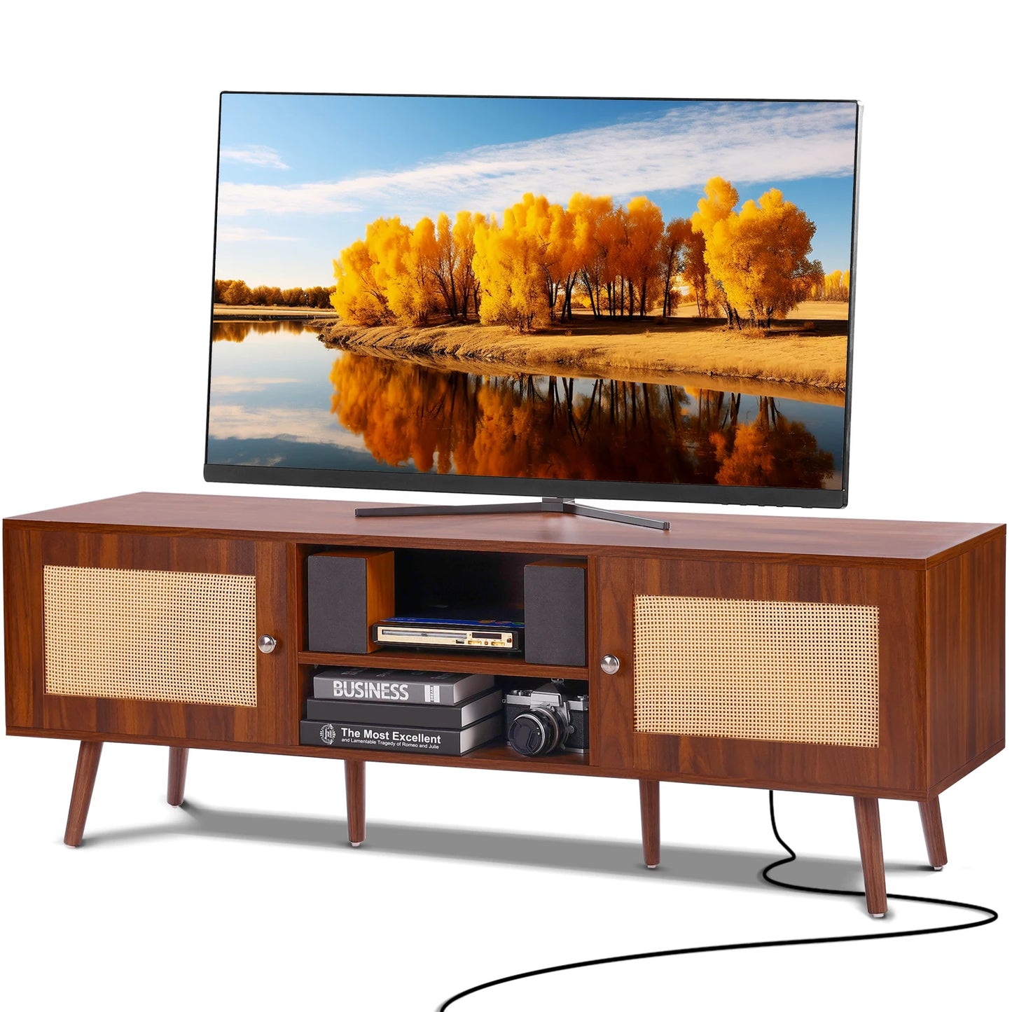 SucceBuy Rattan TV Stand With Built-In USB Ports and Shelves