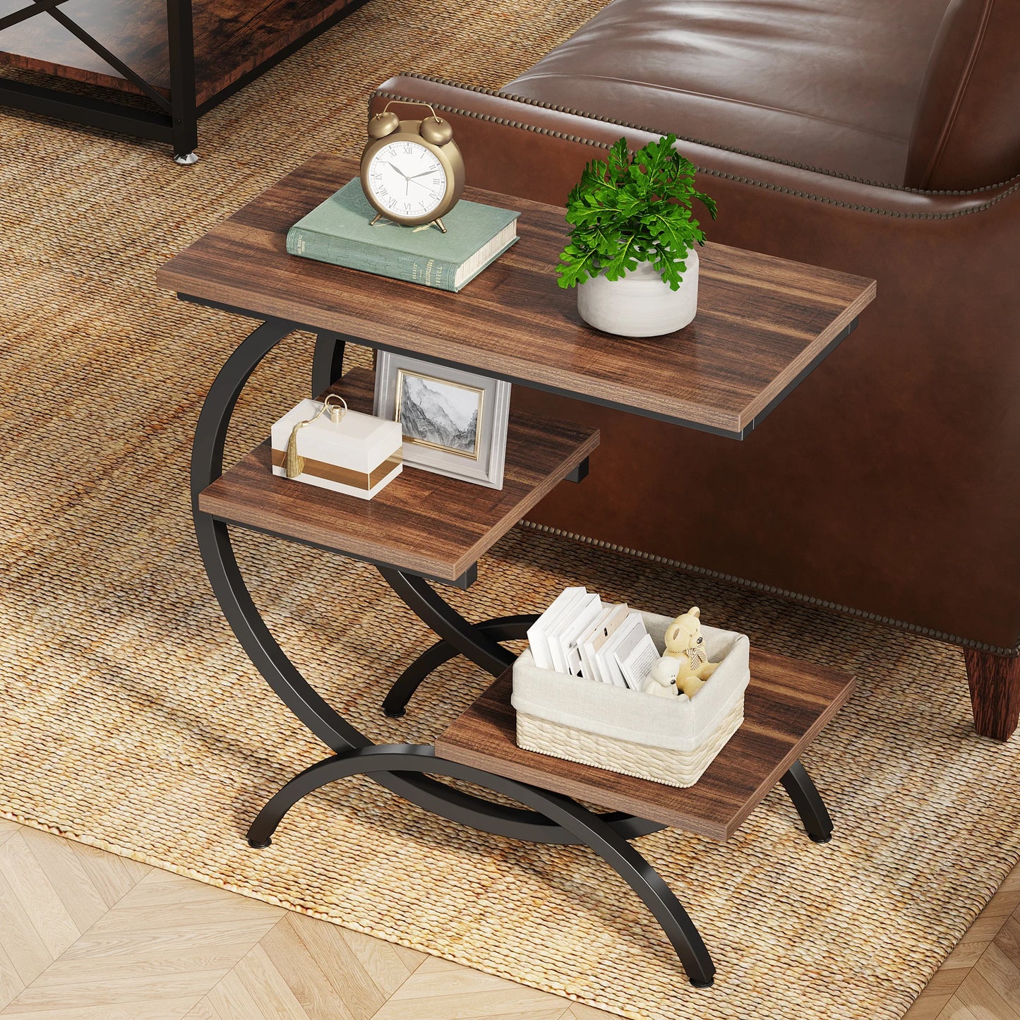 Tribesigns C Shaped End Table With Industrial 3 Tier Storage
