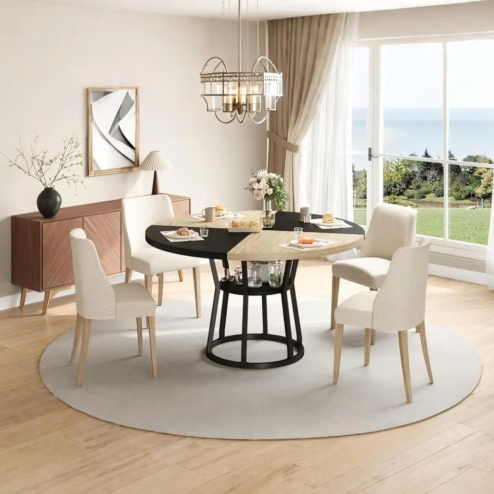 Round Farmhouse Dining Table With Built-In Storage and Metal Legs