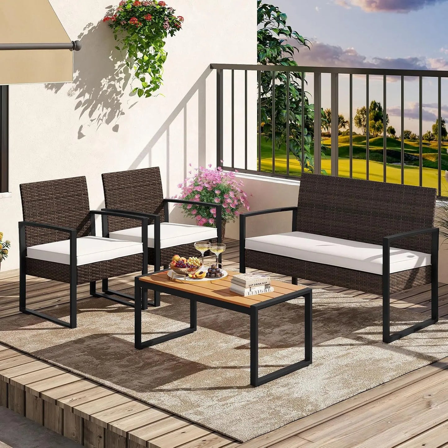 Outdoor Rattan Patio 4 Piece Set With Cushioned Chairs