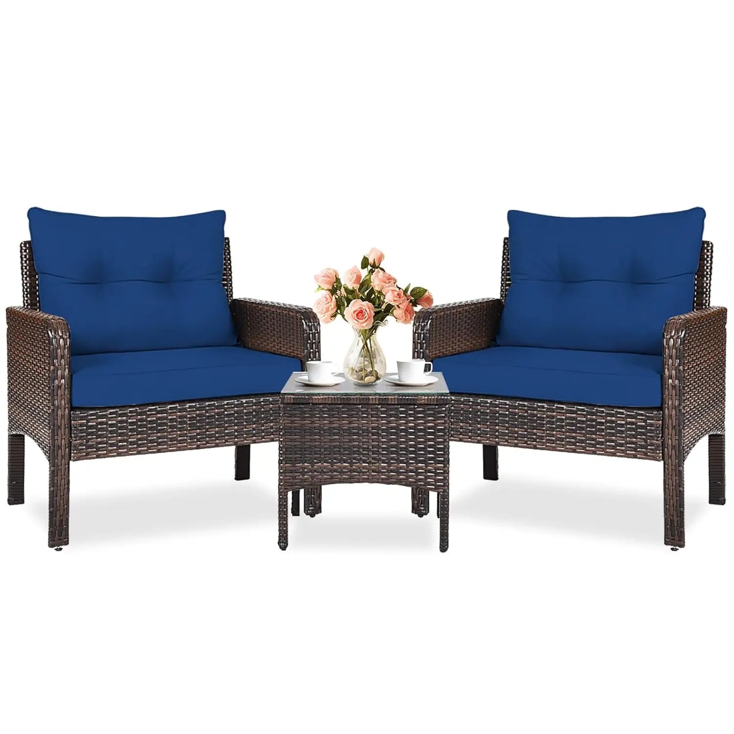 Outdoor Wicker Patio Set Three Piece Conversation Bistro With Cushions