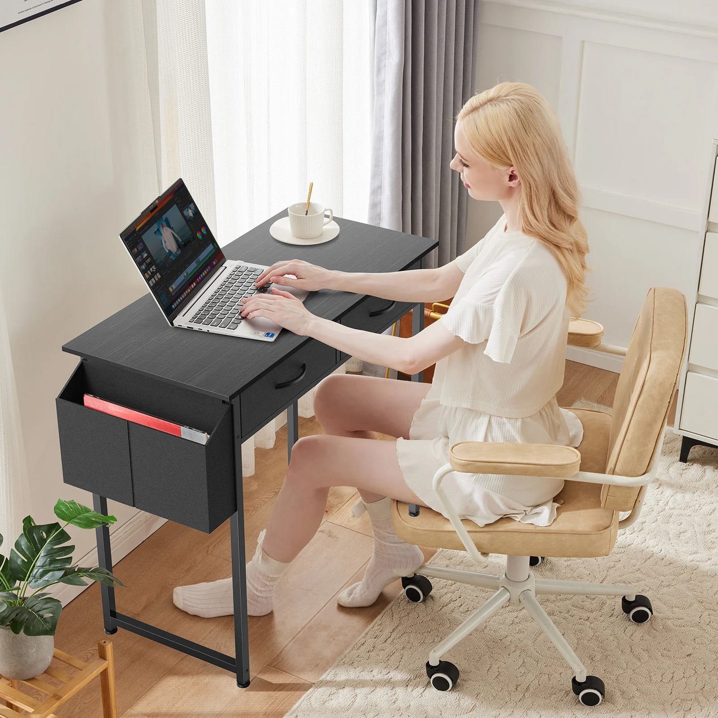 JHK Modern Office Desk With Metal Frame And Fabric Drawers