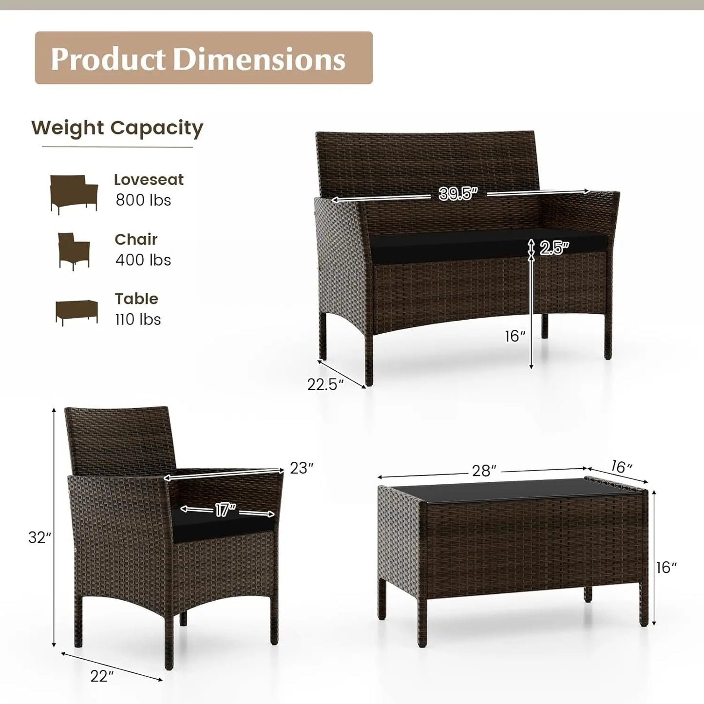 Outdoor Rattan Patio Furniture Set 4 Piece Wicker Conversation Set