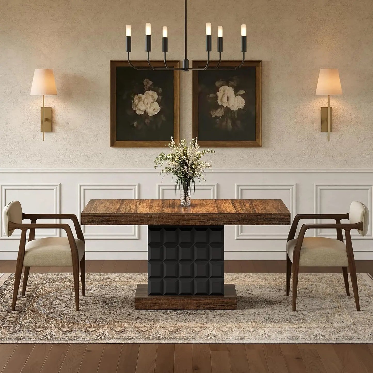 Modern Rectangular Farmhouse Dining Table With Sturdy Wood Pedestal
