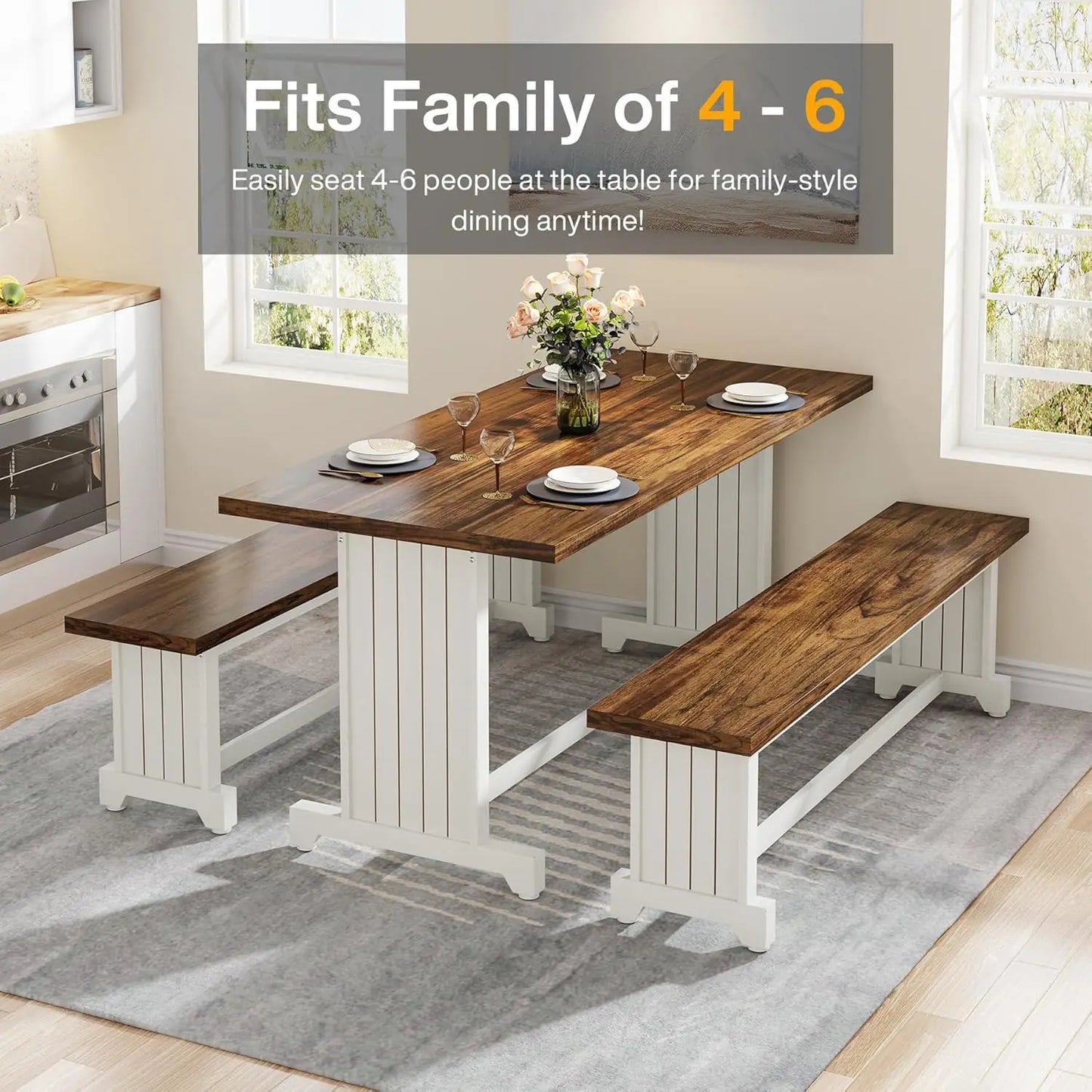 Modern Farmhouse Dining Table Set For 4 With 2 Benches