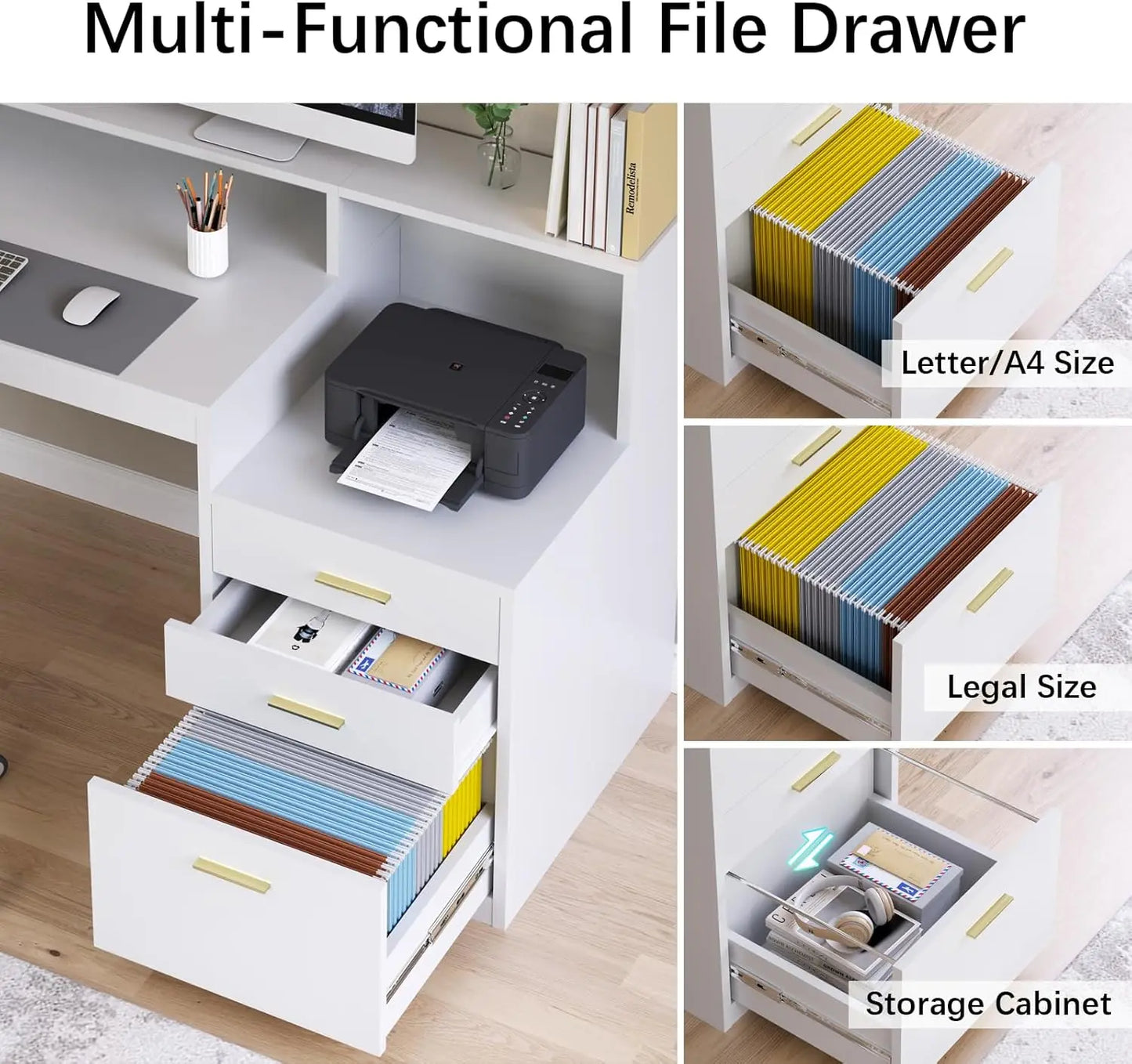 L Shape Computer Desk With 3 Drawers And Storage Shelves