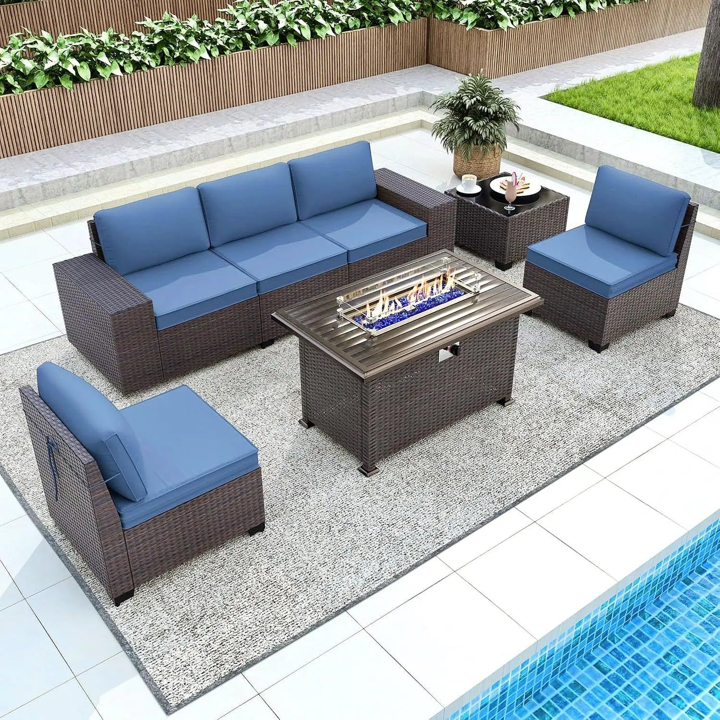 XIAOLANG 7 Piece Patio Furniture Set With Fire Pit Table