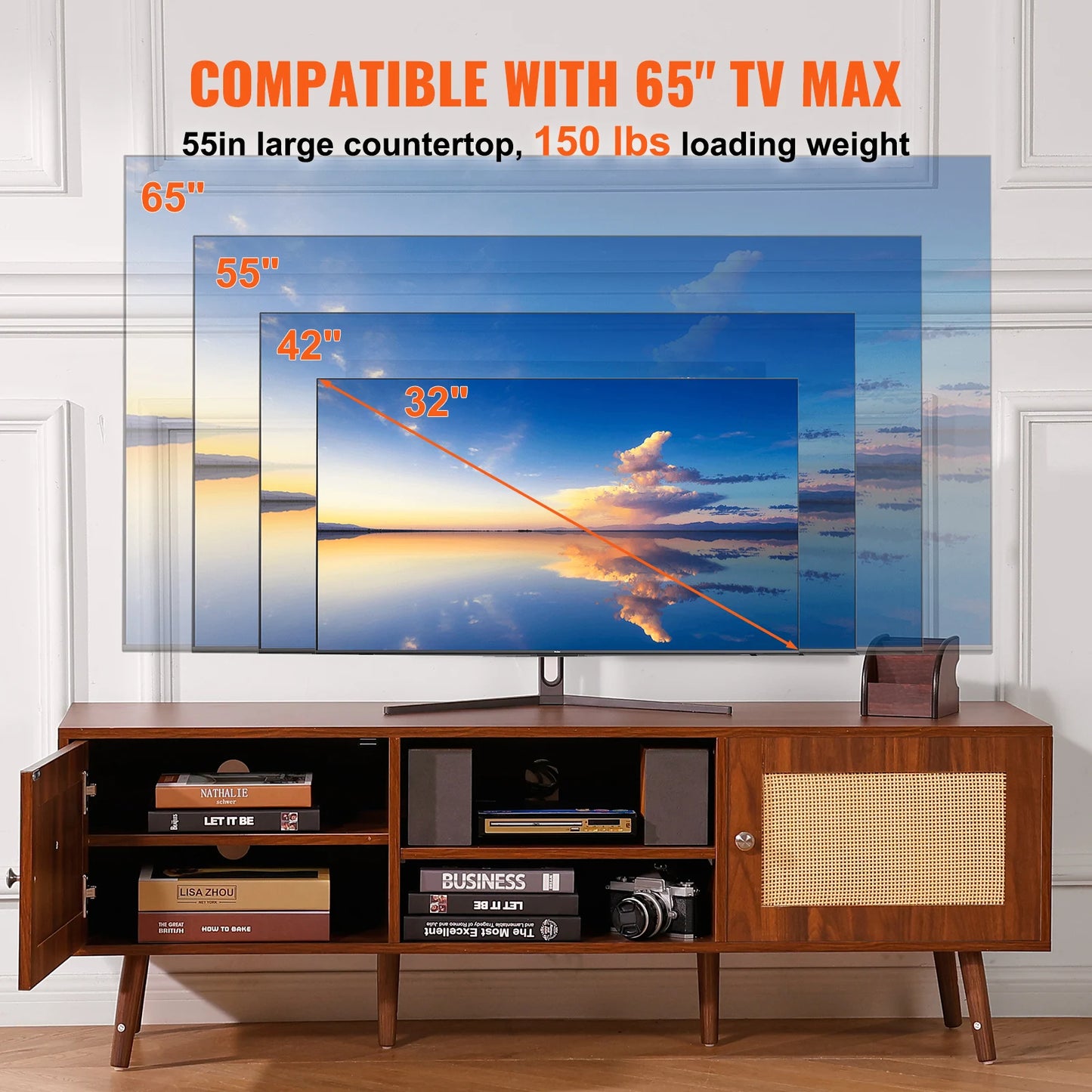 SucceBuy Rattan TV Stand With Built-In USB Ports and Shelves