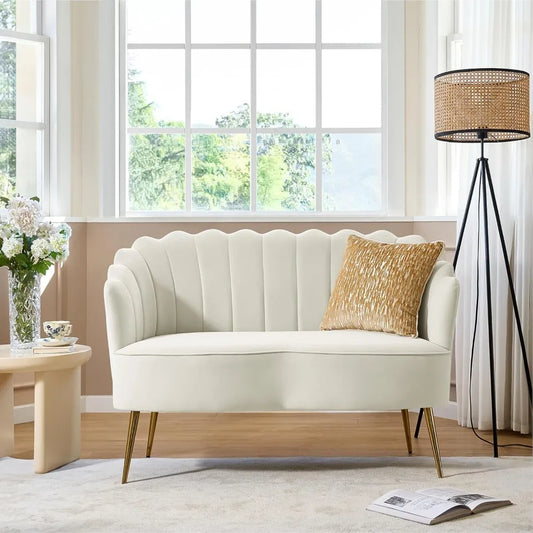 Modern Velvet Loveseat Sofa With Flower Back And Metal Legs