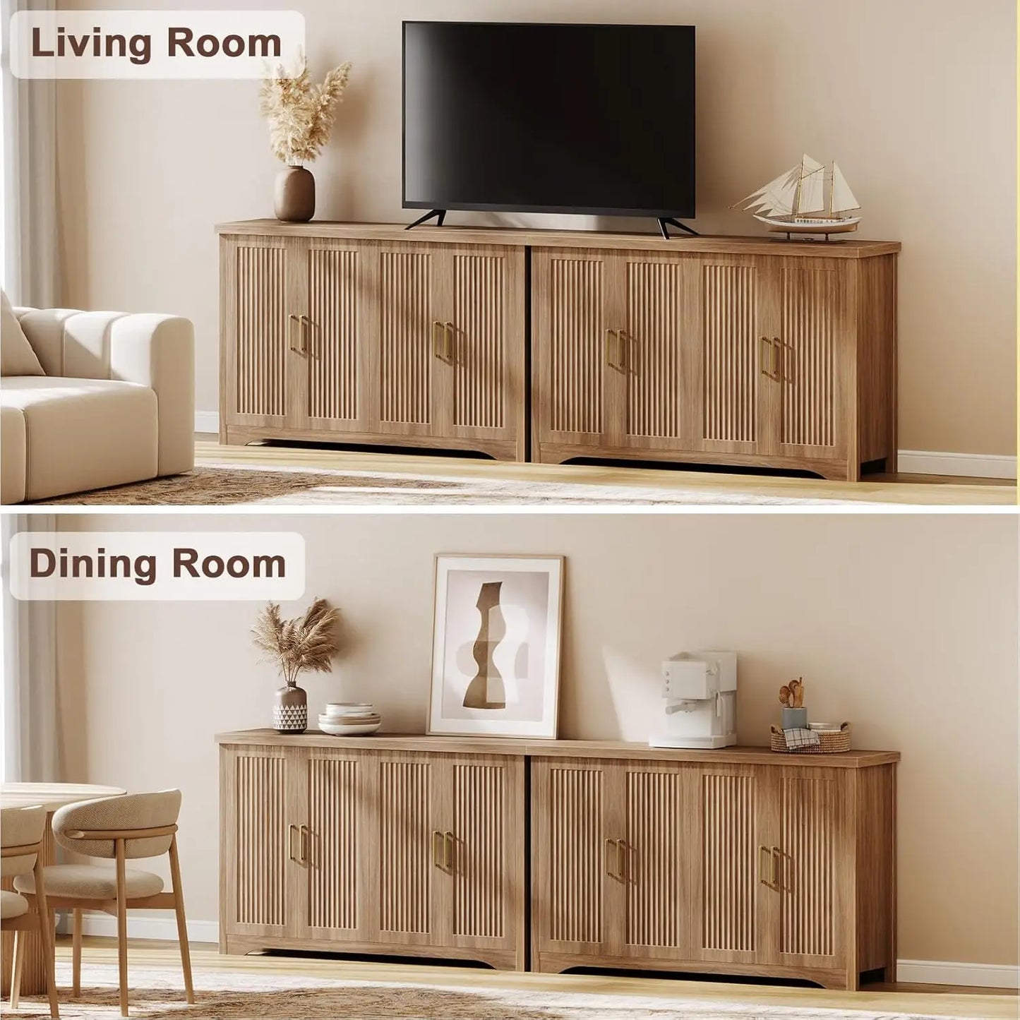 Fluted Buffet Cabinet With Storage Sideboard Modern Credenza Wood
