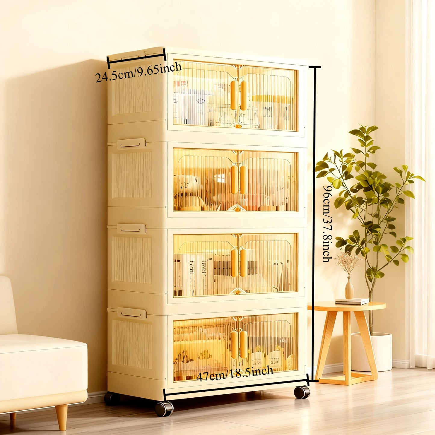 Three To Five Tier Foldable Cabinet With Lidded Storage On Wheels Stackable