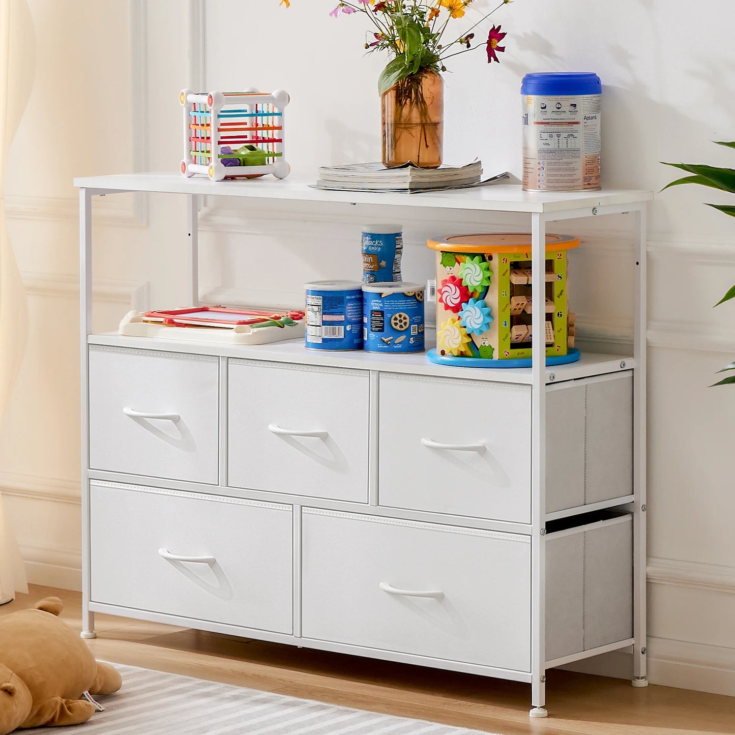 JHK Fireplace TV Stand With 5 Fabric Drawers Storage Cabinet